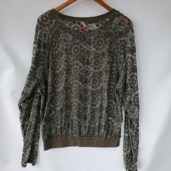 Hard Tail Sheer Lace Raglan Pullover, Army Green Top, USA, Floral $145 - Picture 9 of 11